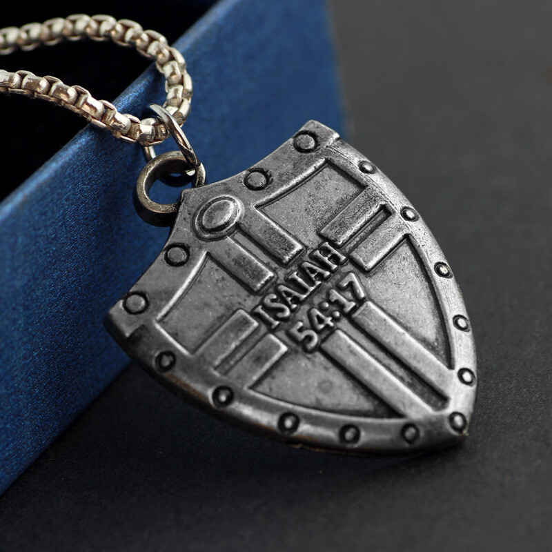 Mens Silver Bible Verse Isaiah Cross Shield Pendant Christian Necklace Chain 24″