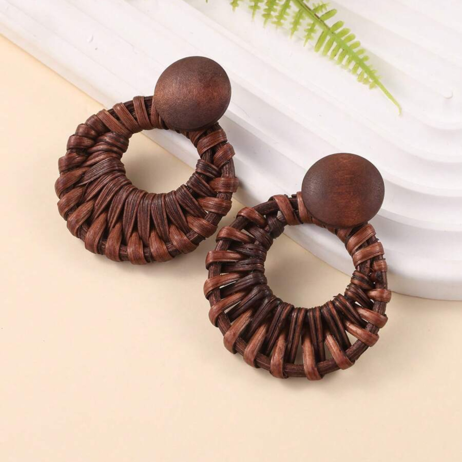 Handmade Earrings Woven Rattan Hollow Circle & Natural Wood Design Ear Studs