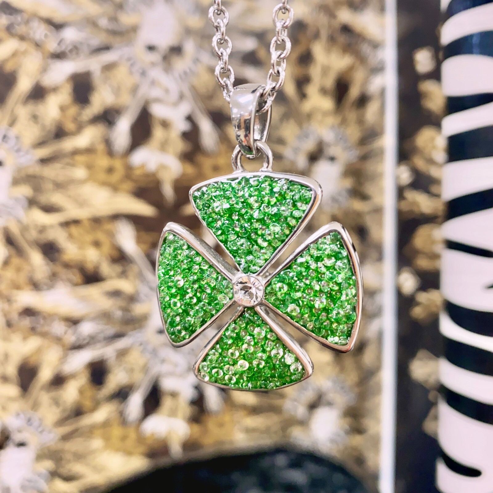 Green Four Leaf Clover Necklace CZ Inlay with Clear Crystal Center