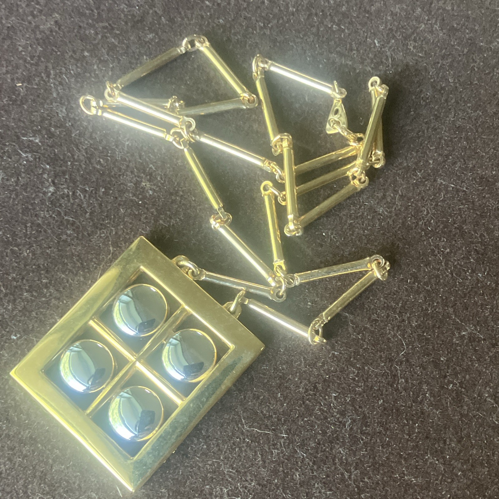 Amway vintage gold Tone Bar Link Chain Necklace Square Pendant