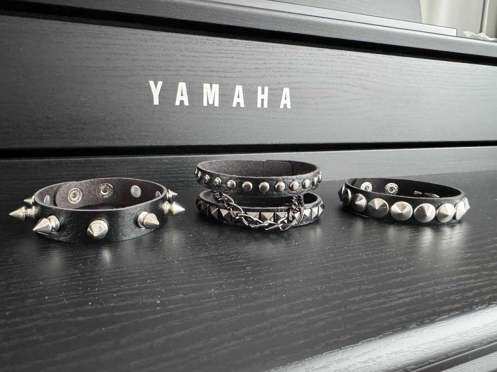 Goth Punk Studded Bracelet Set (3 Pack) Black Leather Look, Spikes & Chain, New