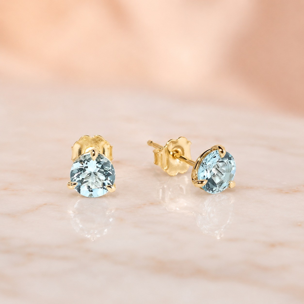 2Ctw Round Aquamarine Stud Earrings 14K Yellow Gold 3-Prong Push Back