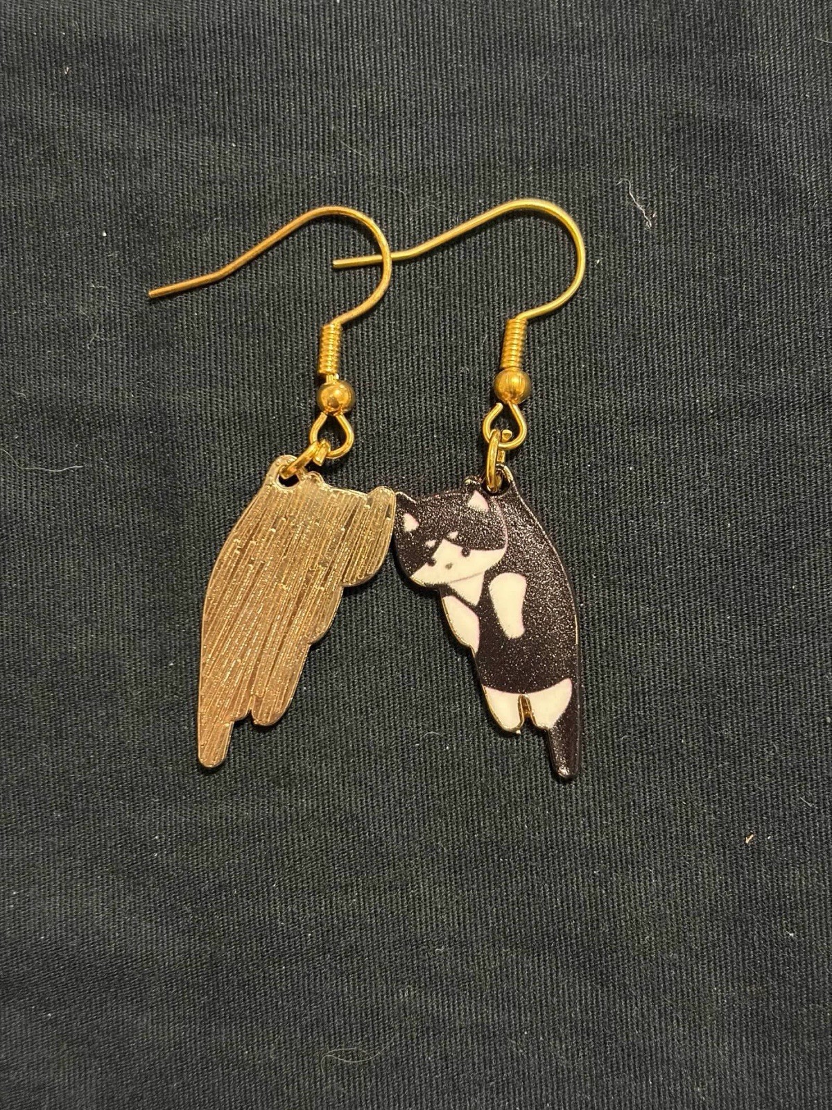 Cute Black & White Cat Dangle Earrings Gold Tone Hooks Kawaii Kitty Jewelry