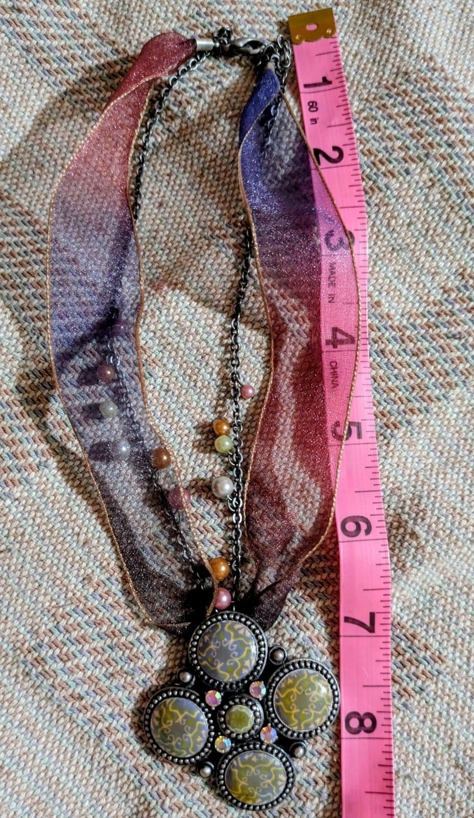 Boho Ribbon Choker Necklace Pink Purple Iridescent Pendant Fairycore Cottagecore
