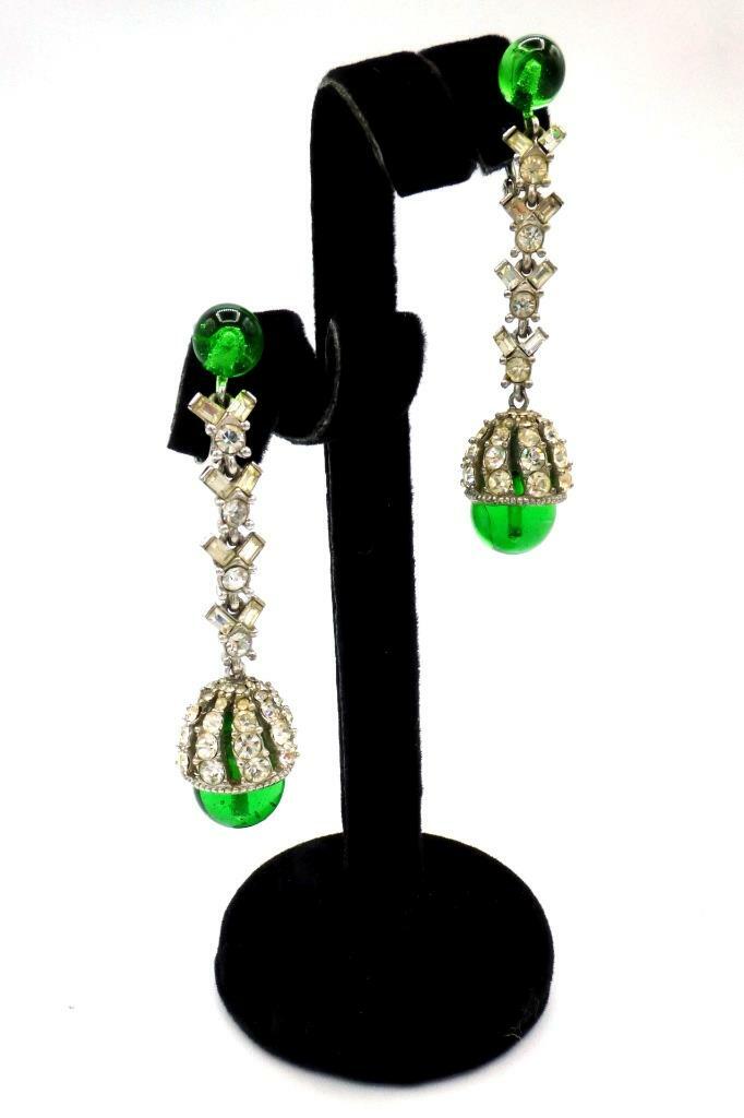 EXQUISITE!Vintage CINER Emerald Gripoix Rhinestone Statement Dangle Earrings