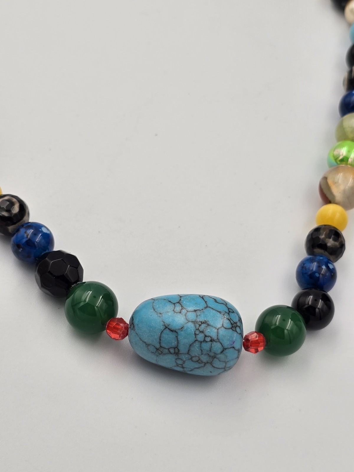 Colorful Multi Gem Stone Beaded Necklace Turquoise Style Center Bead