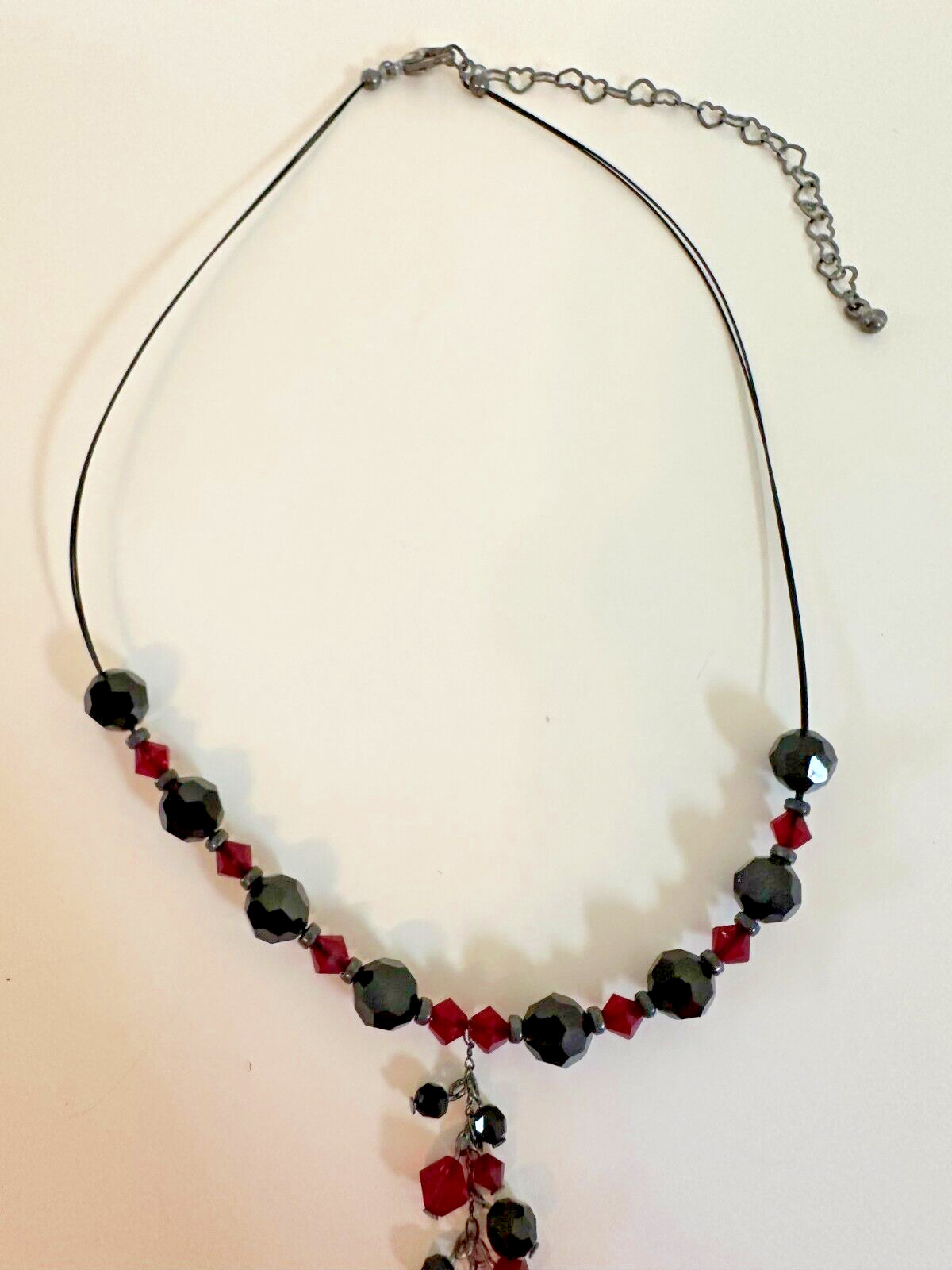 Sterling Silver Wire Necklace Red Grey Glass Bead Faceted Y Drop 12-18 in