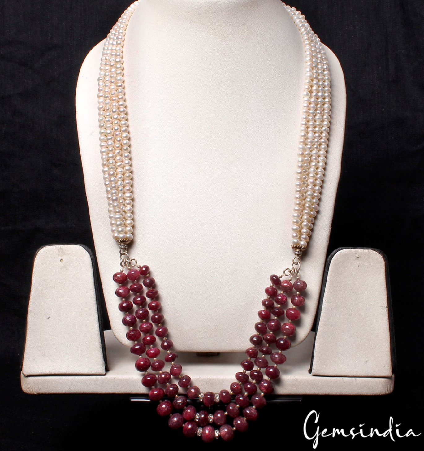 790 Ct Natural Ruby & Pearl Multi Strand Rondelle Beads Handmade Necklace 28 In