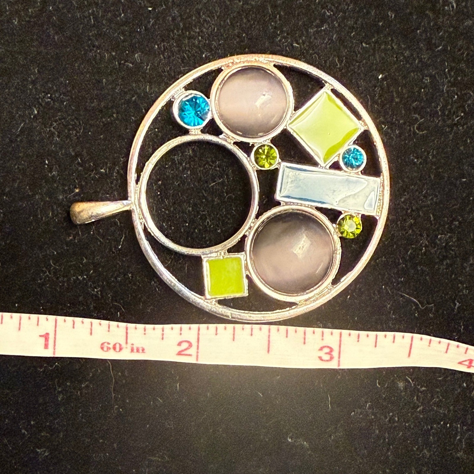 Geometric Silver Tone Pendant Cats Eye Enamel Mixed Shapes Blue Green Grey 2″
