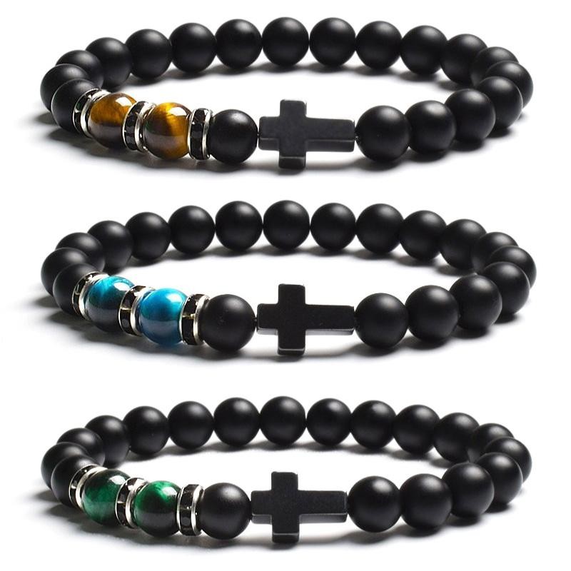 Tiger Eye & Black Agate Beaded Bracelet Men Women Elastic Cross Faith Jewelry