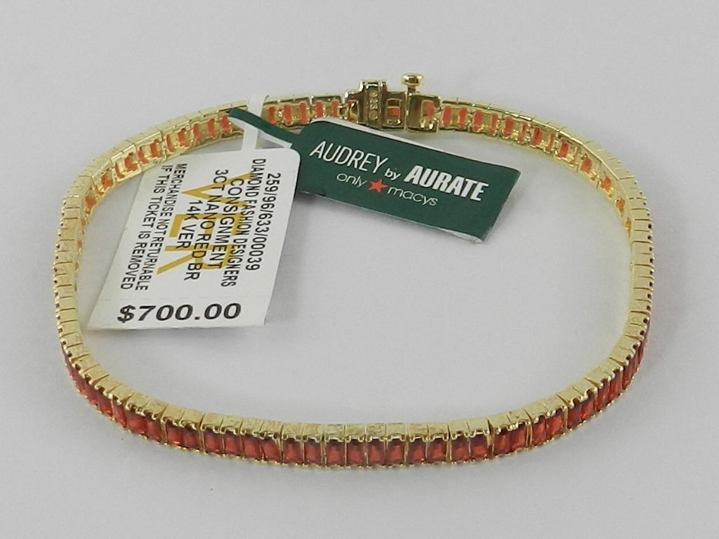 Audrey by Aurate Nano Ruby Color Baguette Tennis Bracelet in Gold over Silver