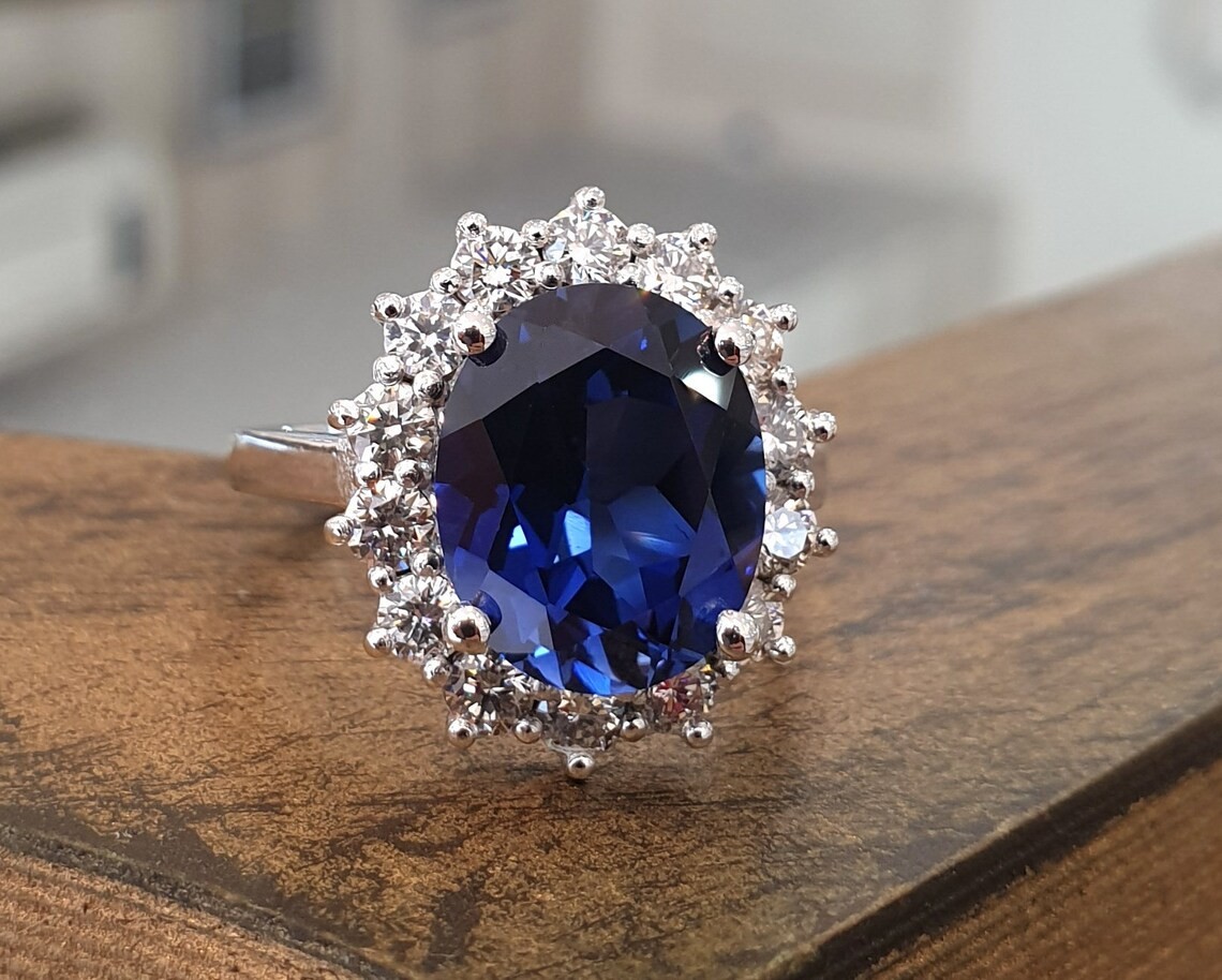 2CT Sappphire Lab Created 925 Silver Plated Halo Ring Anniversary Gift