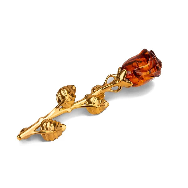 24ct Gold Plated Single Stem with Cognac Amber Stone Rose Brooch Gift in Silver