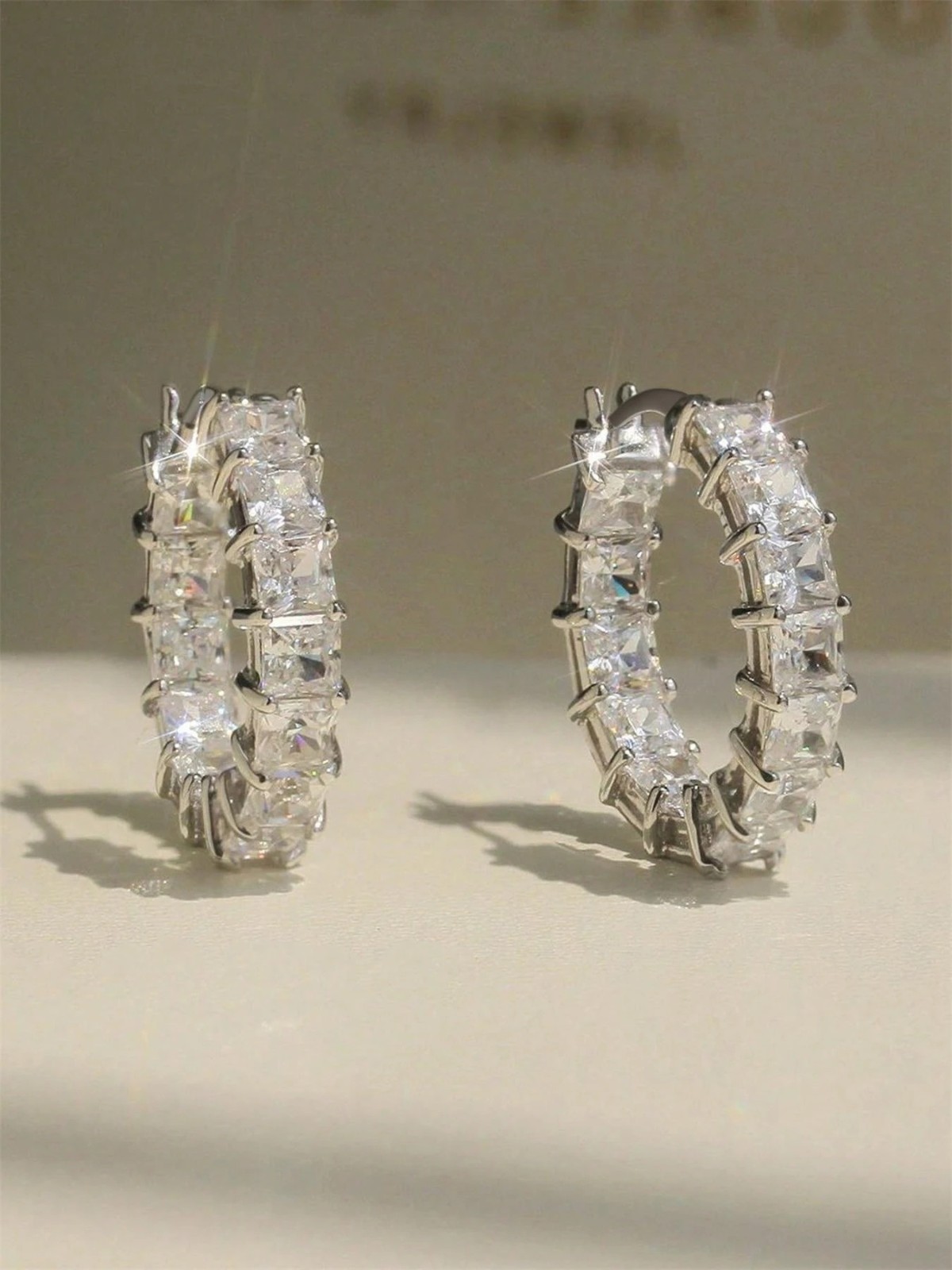 Gold & Silver Tone CZ Princess Cut Eternity Hoop Earrings Cubic Zirconia 20mm