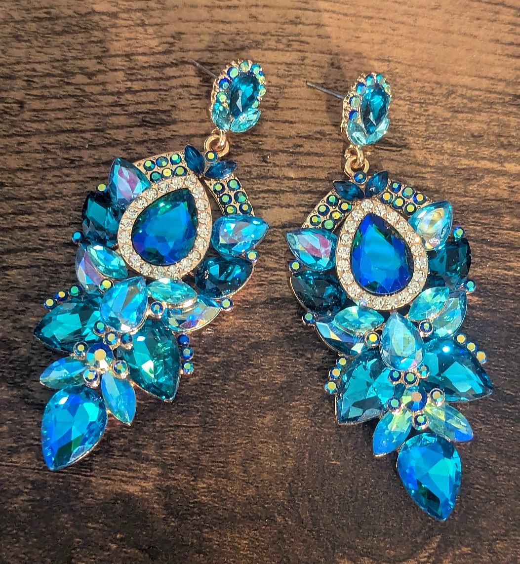 Blue AB Crystal Bridesmaid Rhinestone Chandelier Drop Earrings 3 In Jewelry