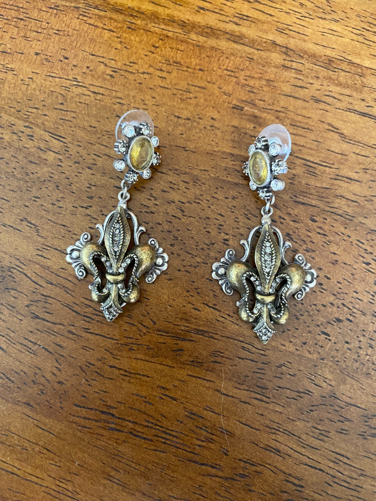 Sweet Romance French Fleur De Lis Earrings Burnished Silver & Bronze & Crystals