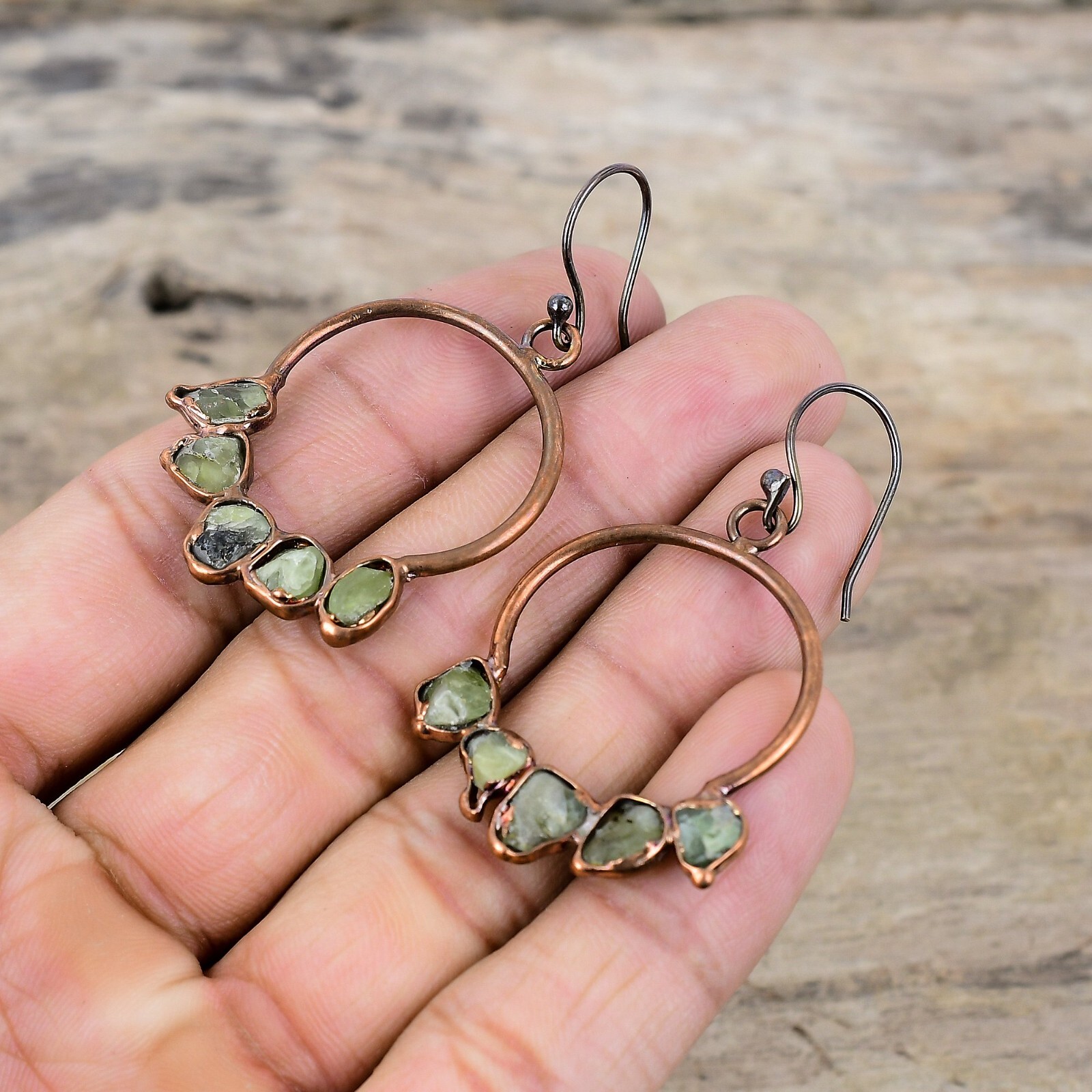 Green Tourmaline Rough Electroformed Earrings Handcrafted Copper Holiday 2.17″
