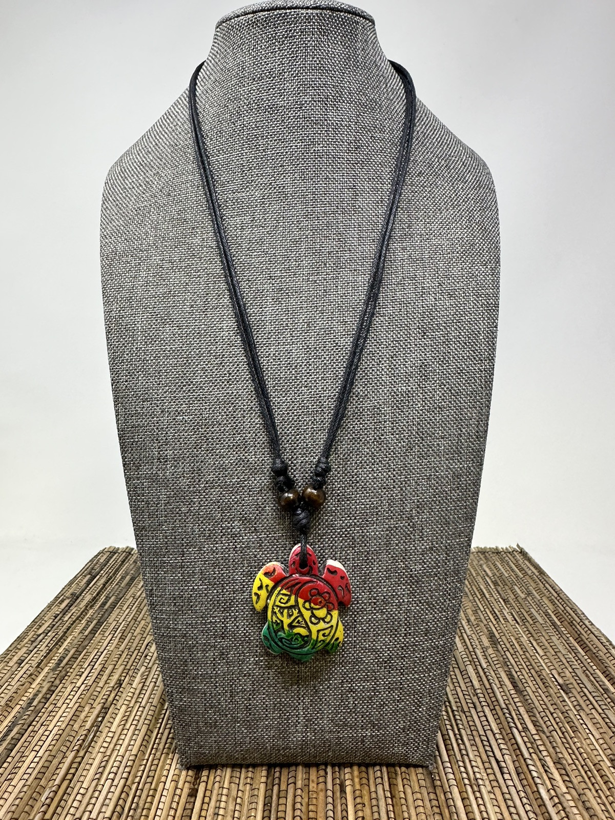 Handmade Turtle Pendant Necklace – Rasta (Hand-Painted), White, Brown – Taino