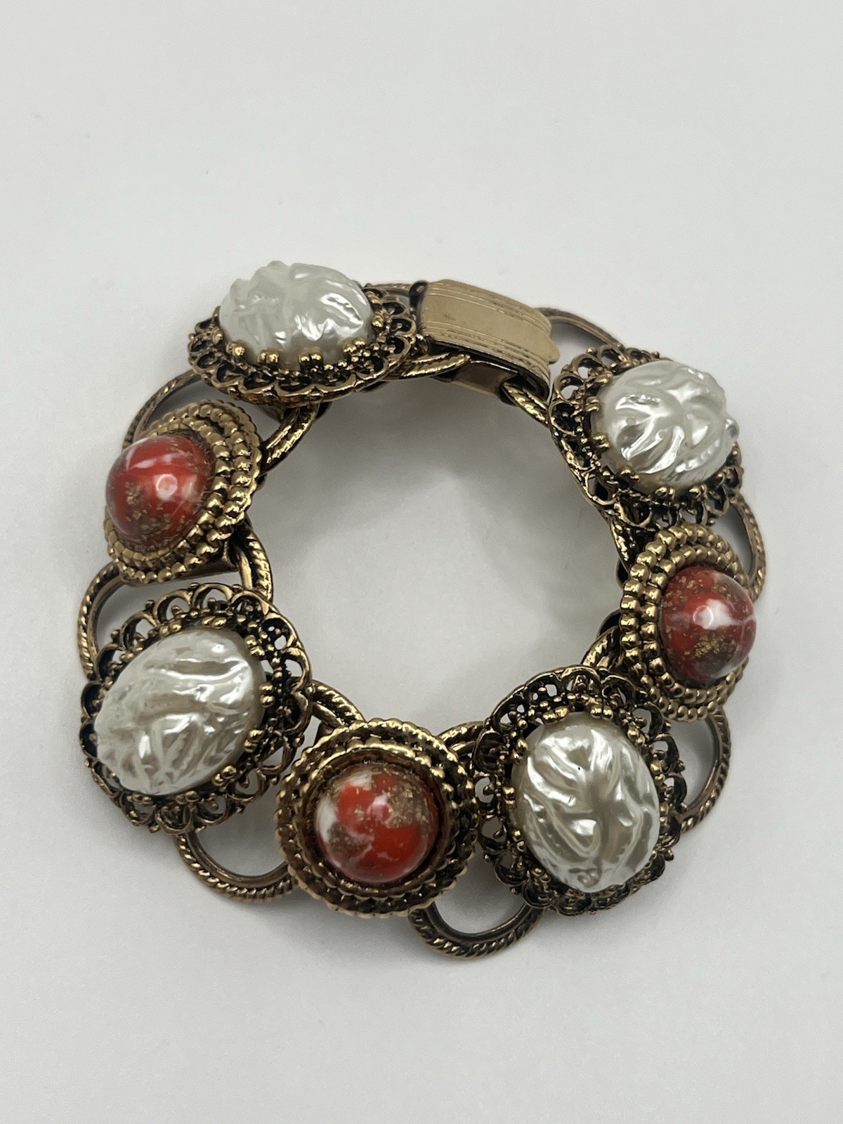 Vintage Bead Book Chain Bracelet Faux Pearl Cabachon Filigree Victorian Revival