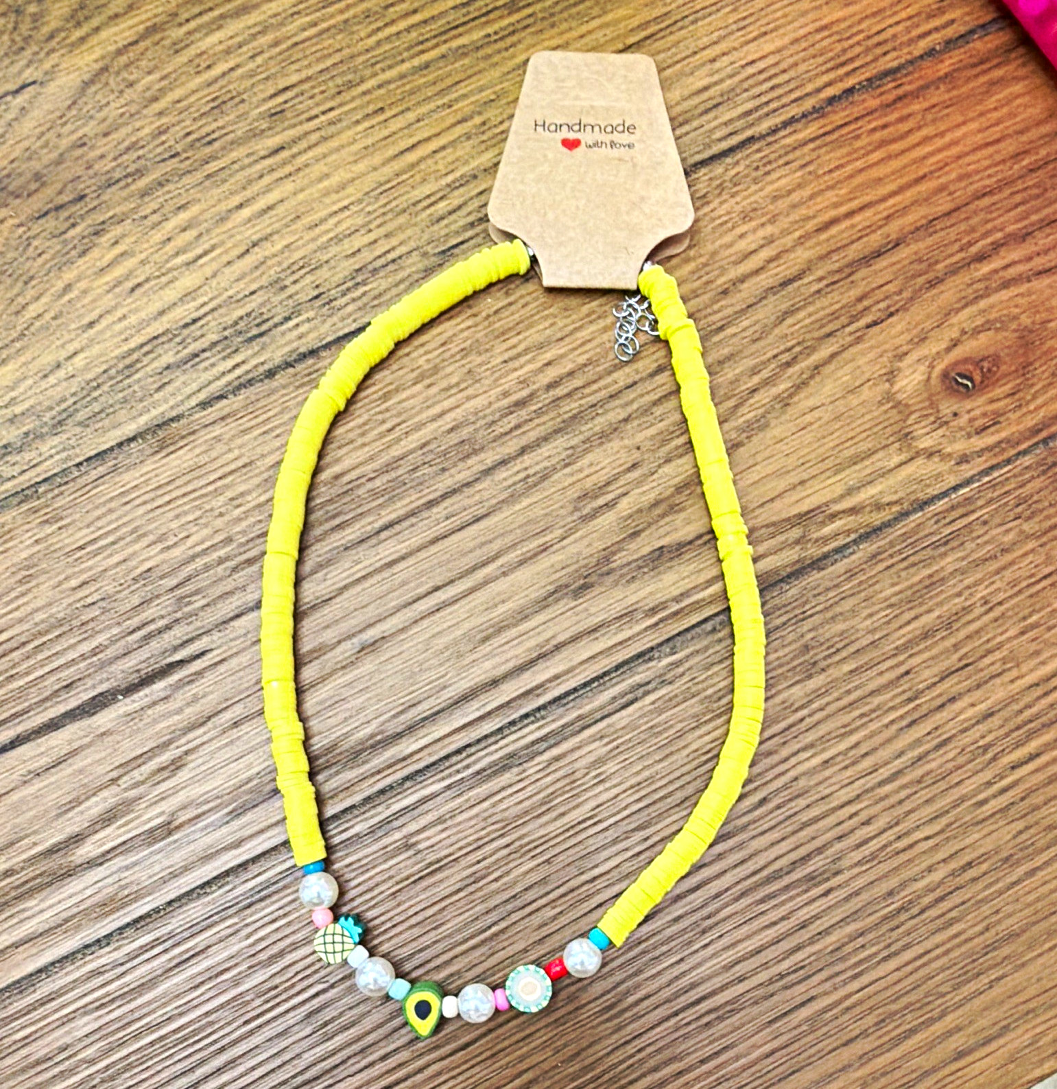 Handmade Yellow & Multicolor Beaded Plastic Necklace, Lobster Clasp