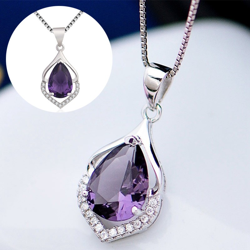 Women’s Amethyst Necklace Elegant Crystal Chain Pendant Jewellery Silver