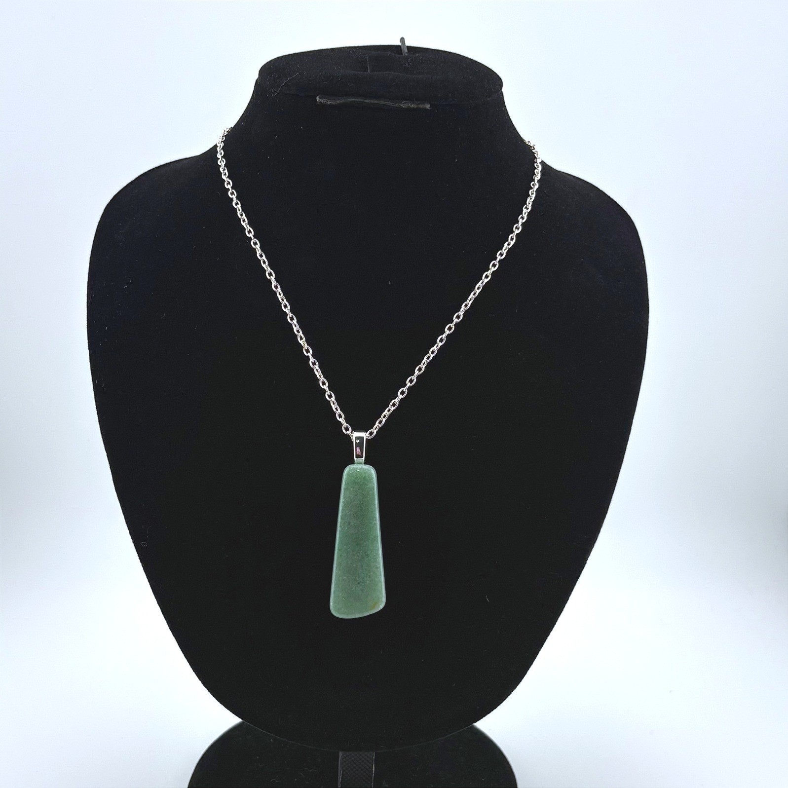 Green Aventurine Trapezoid Pendant Necklace Silver Tone Chain Minimalist Boho