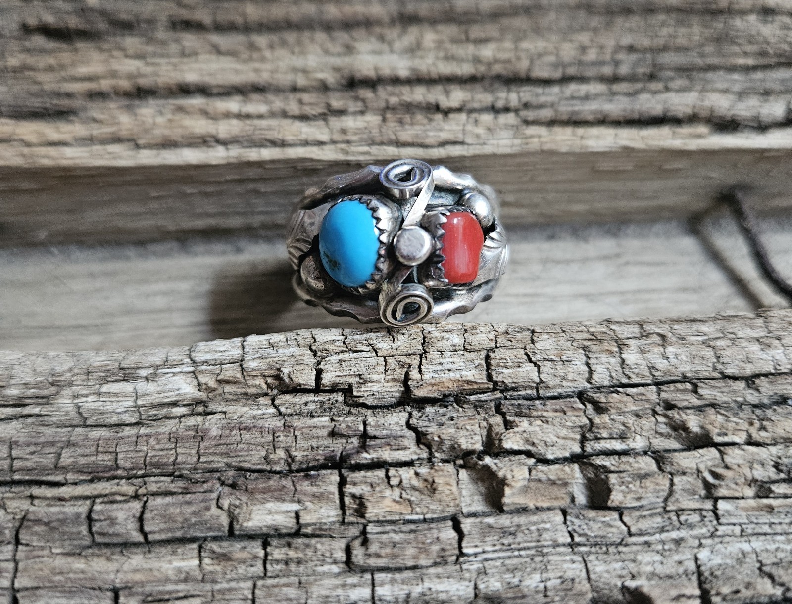 Navajo Turquoise and coral ring marked N.S.C.