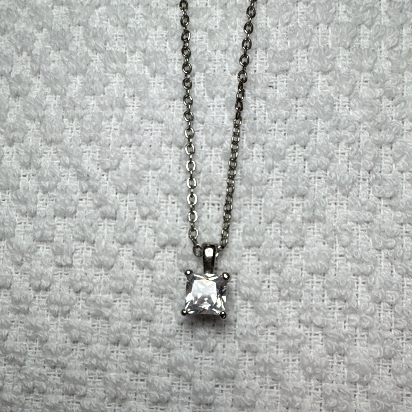 Silver-Tone Metal Square Clear CZ Pendant Necklace, Cable Chain