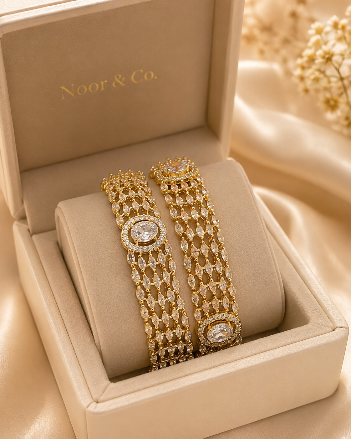 Gold Kundan Polki Multi-Row Bangle Pair with Oval Crystal Center
