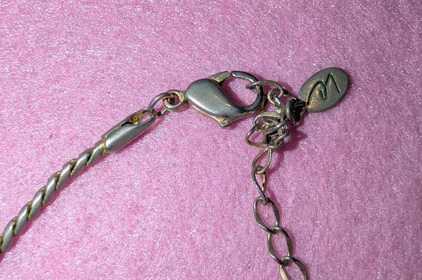 Silver Tone Rope Chain Necklace Square Brown Pendant Blue Bead Dangle Signed