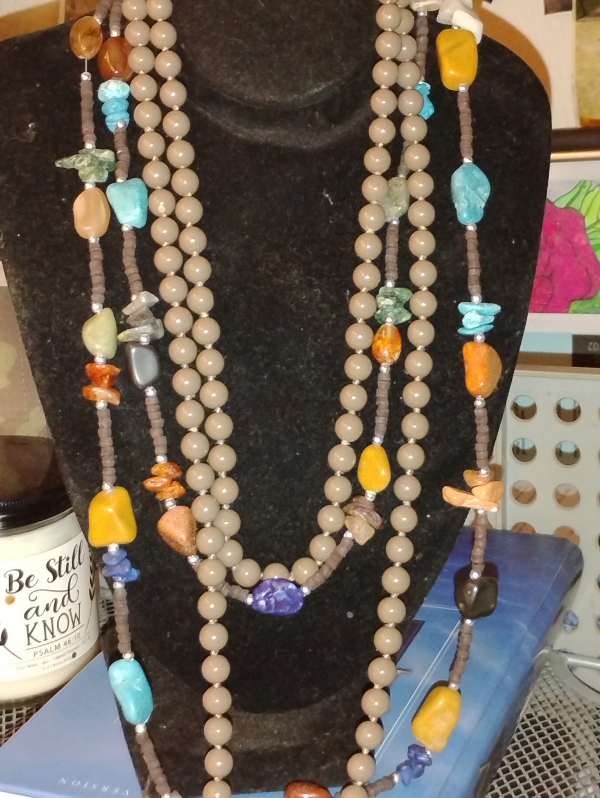 Multicolor Layered Multi-Strand Stone Beaded Necklace Brown Round Beads