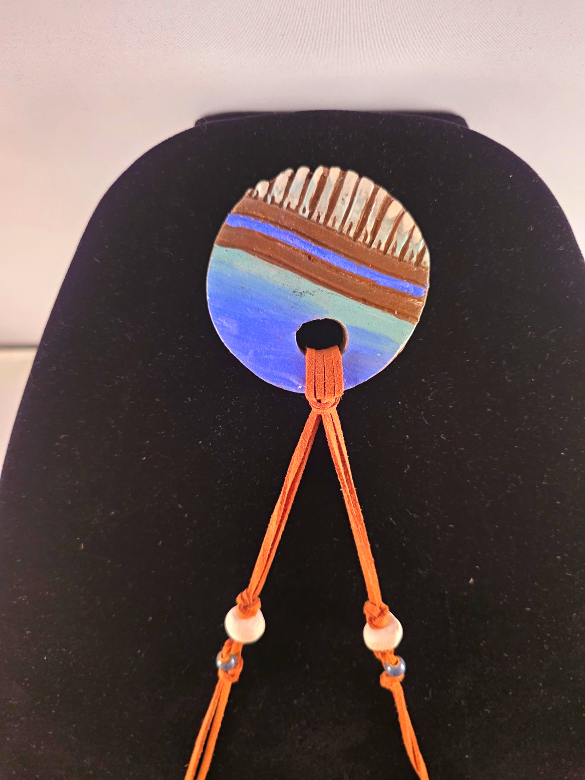 Vintage Studio Art Pottery Ceramic Pendant Necklace Cord Hand Painted Abstract