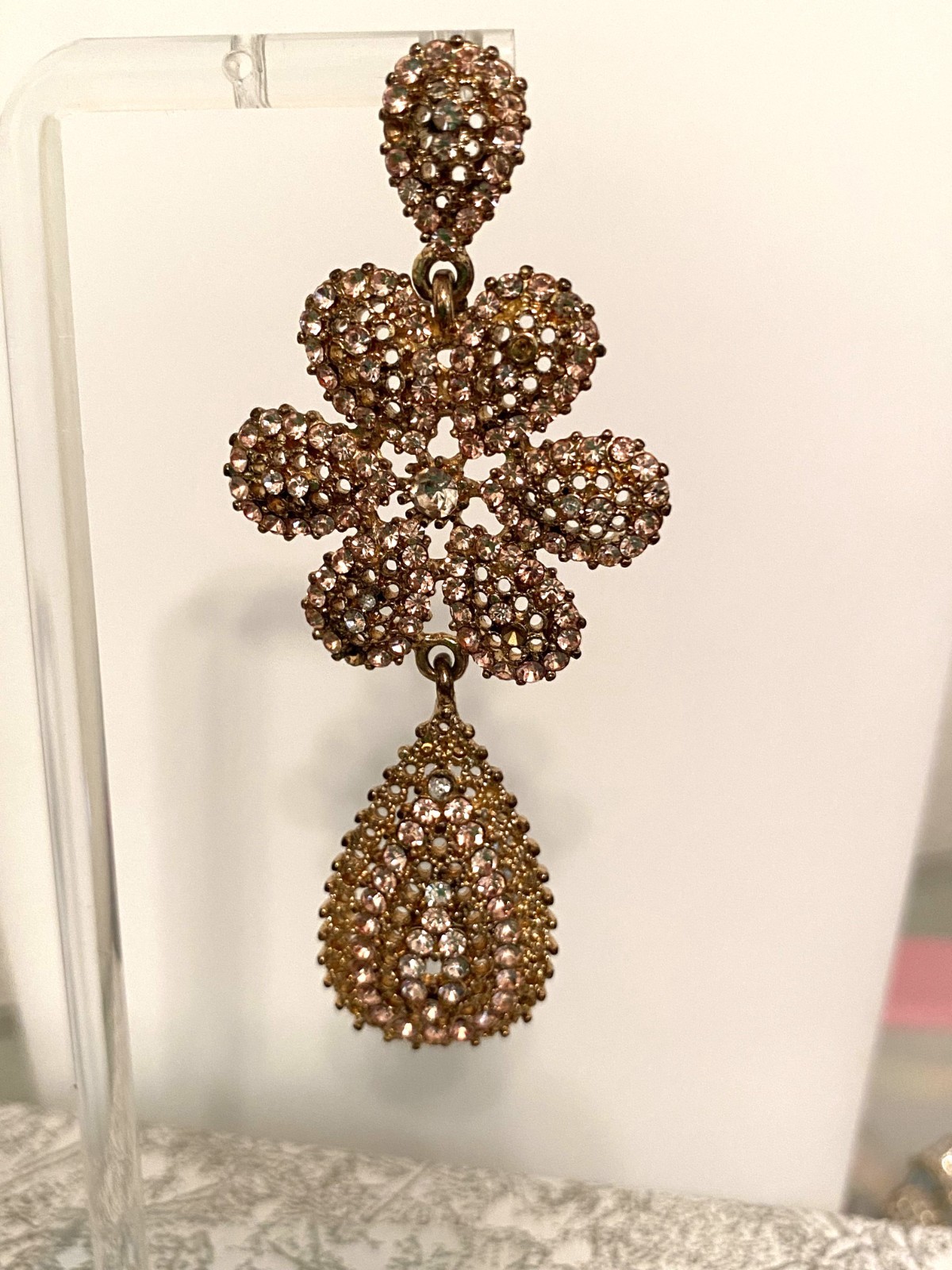 Rose Gold-Tone Pave Rhinestone Floral Teardrop Earrings