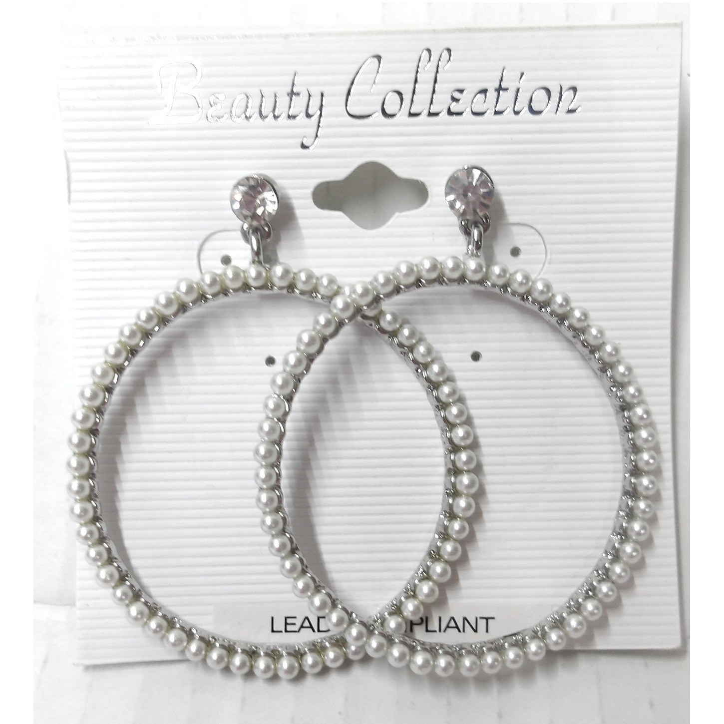Beauty Collection Faux Pearl Rhinestone 2″ Hoop Earrings Silver Tone /#26466
