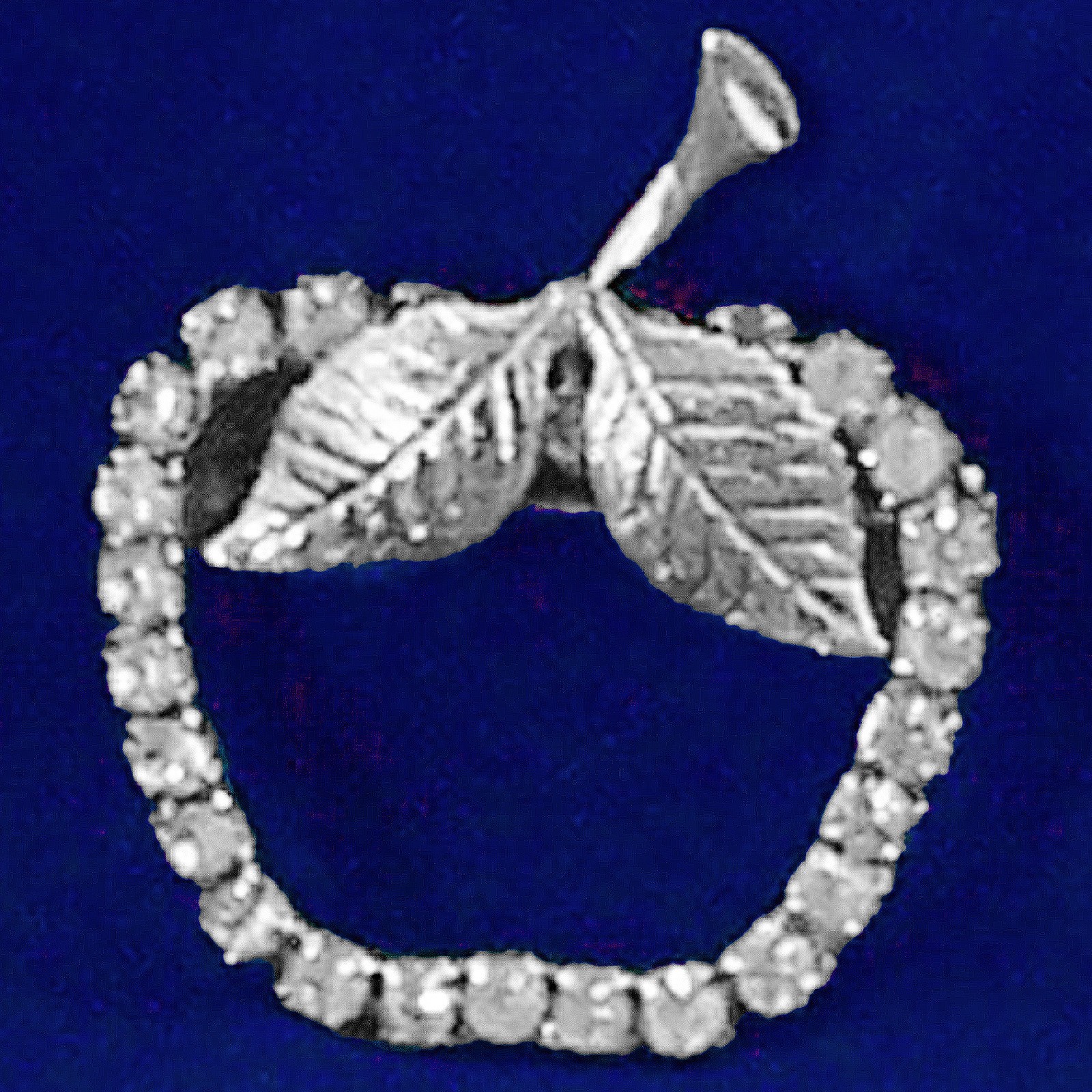Vintage Pin Apple Fruit Shaped Leaf Crystal Rhinestone Silvertone Metal Brooch