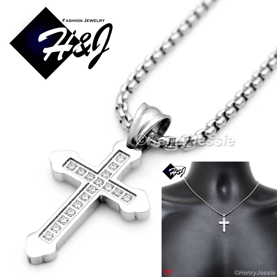 18″Stainless Steel 2mm Silver Box Chain Bling Cubic Zirconia Cross Pendant*P53