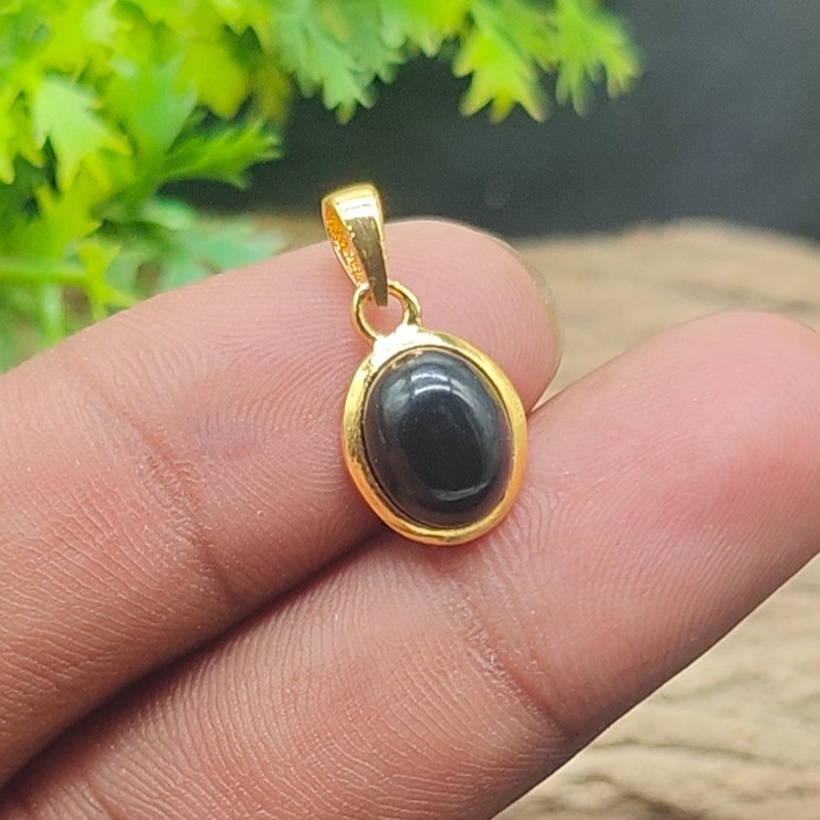 Natural Black Onyx 9x11mm Oval Gemstone Pendant, Gold Plated Handmade Jewelry.