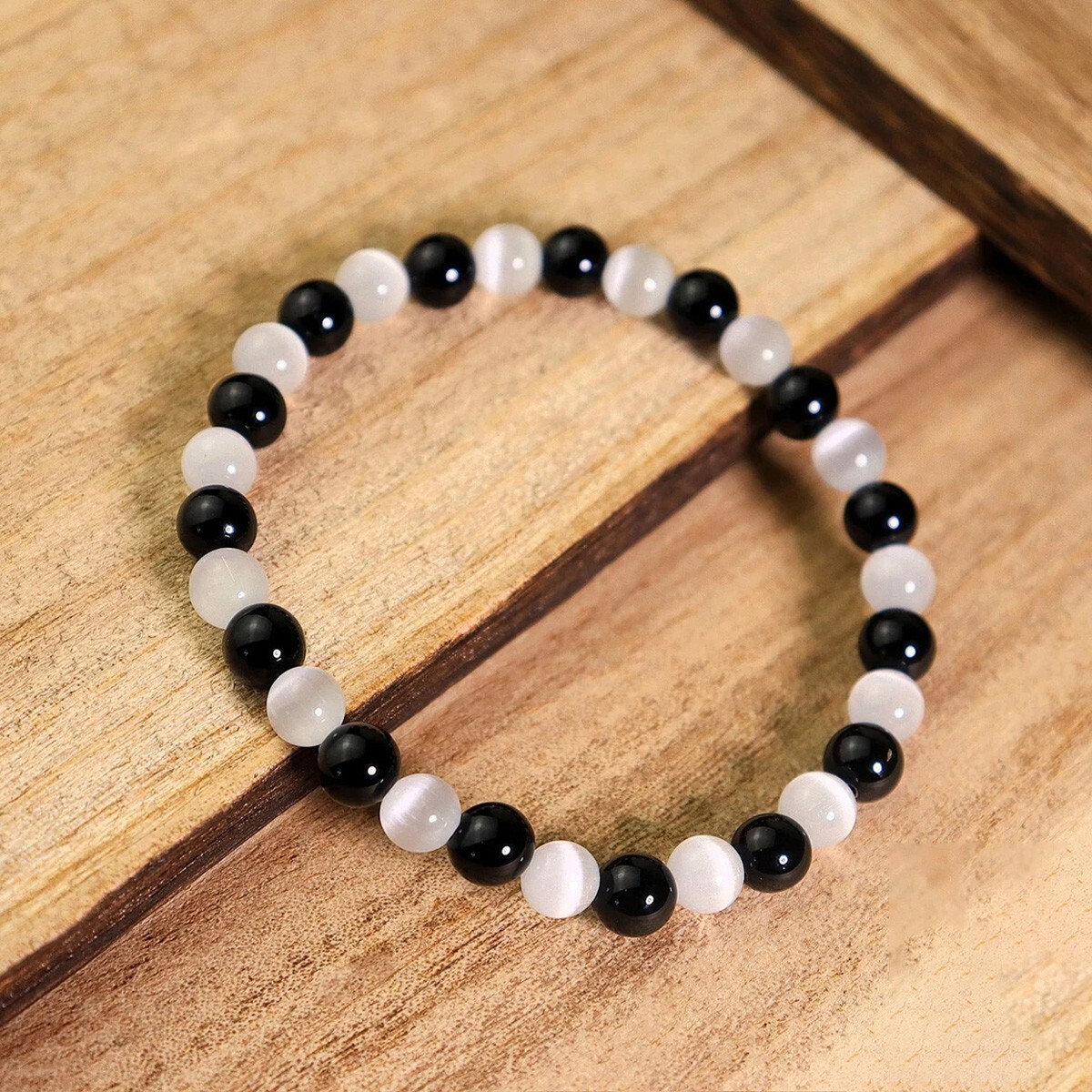 Natural Black Tourmaline Selenite Stretch Bracelet 6mm Round Gemstone Beads