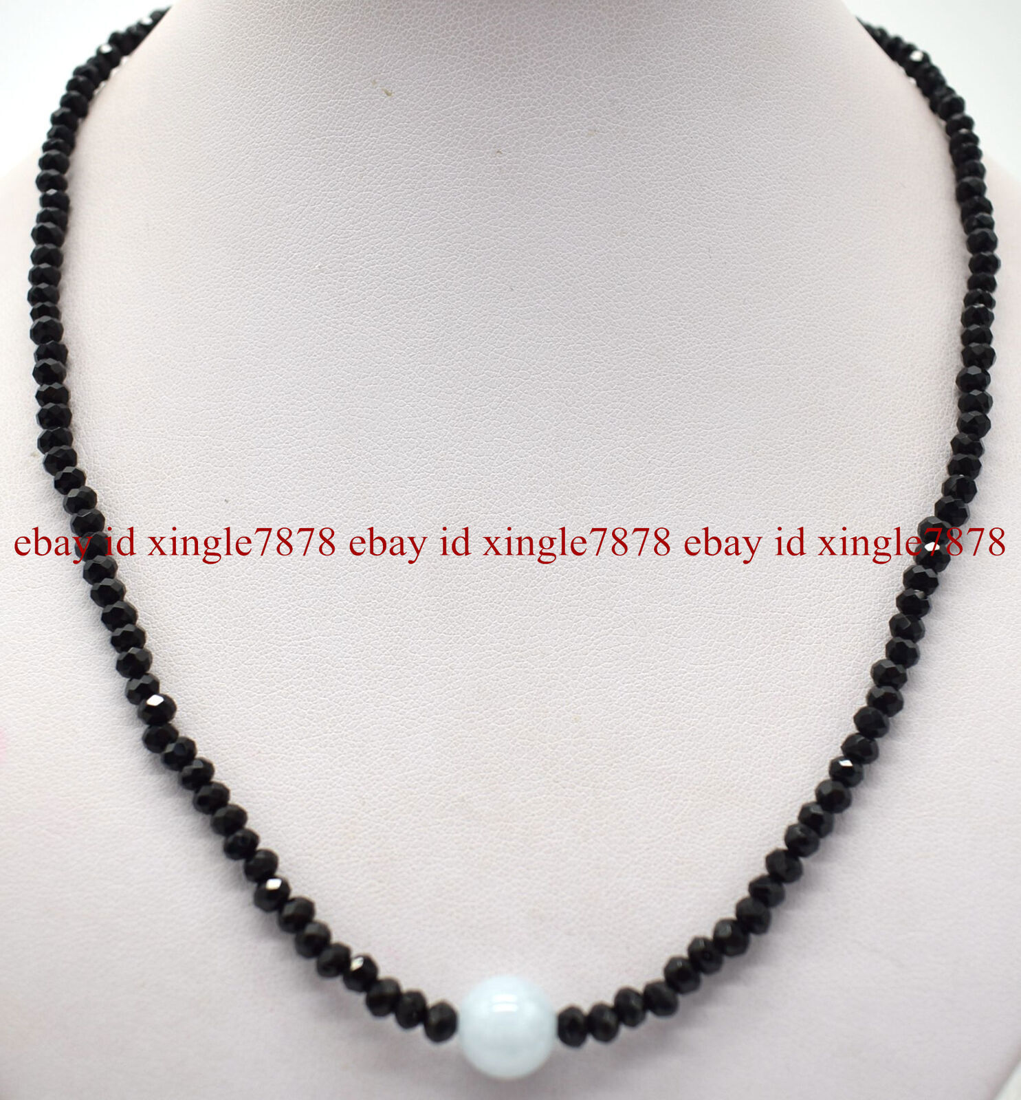 2x4mm Faceted Black Agate & 10mm Blue Aquamarine Gemstone Beads Necklace 20″ AAA