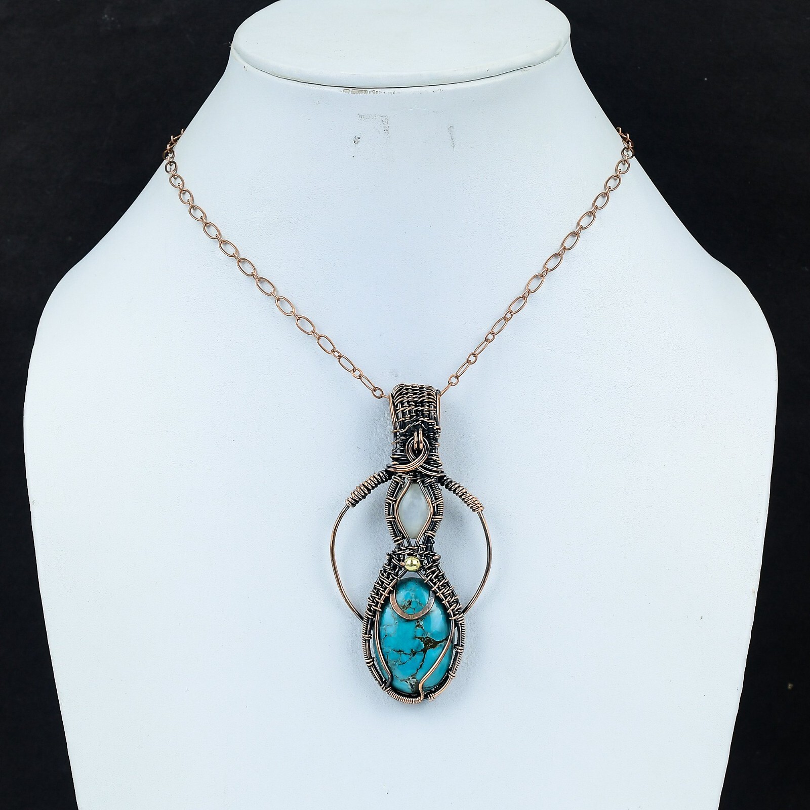 Tibetan Turquoise Wire Wrapped Pendant Handcrafted Copper Gift Jewelry 3.15″