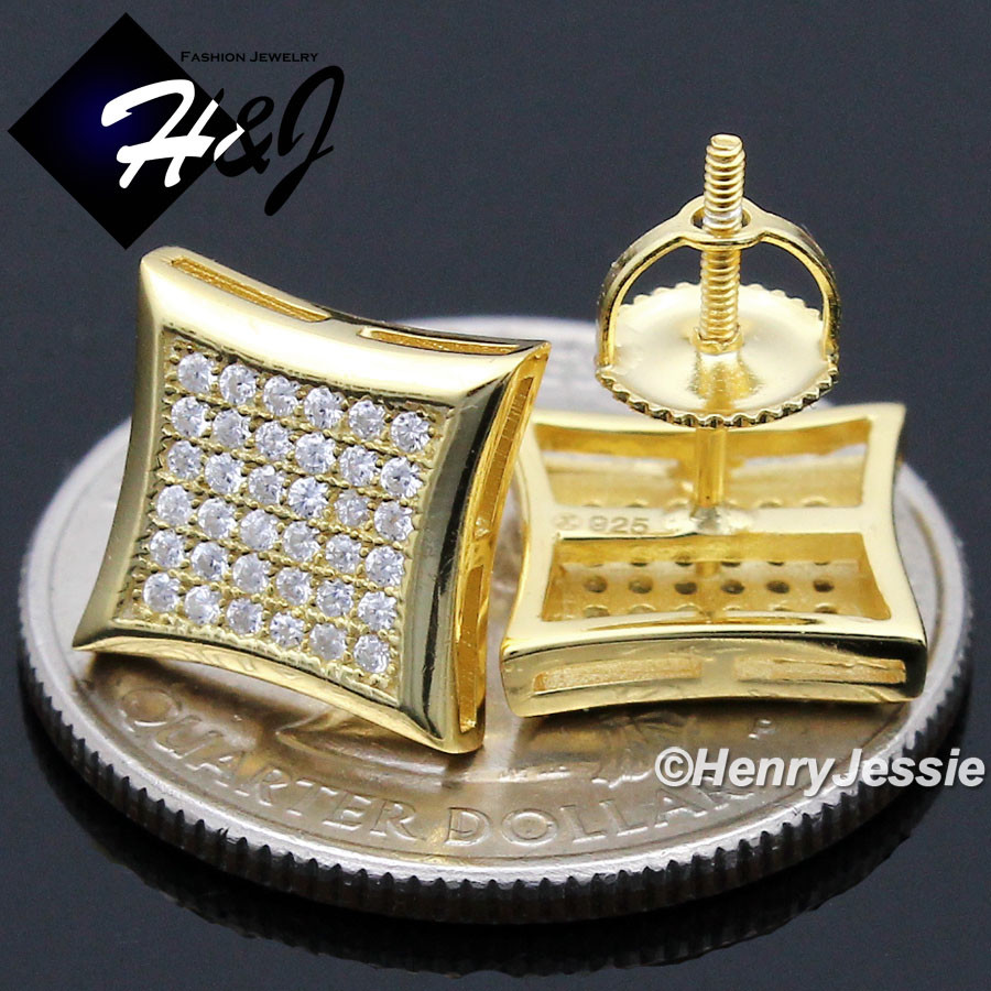 MEN 925 STERLING SILVER ICY BLING CZ 10MM 3D GOLD PALTED SQUARE STUD EARRING*G97