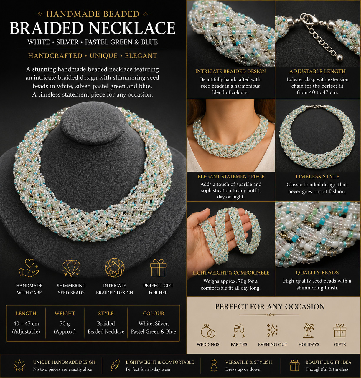 Handmade Braided Seed Bead Necklace White Silver Aqua Blue Statement Collar 40-4