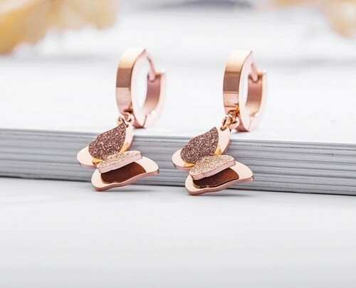 Dangle Hoop Earrings for Women Butterfly Rose Gold Post With Friction Earring 