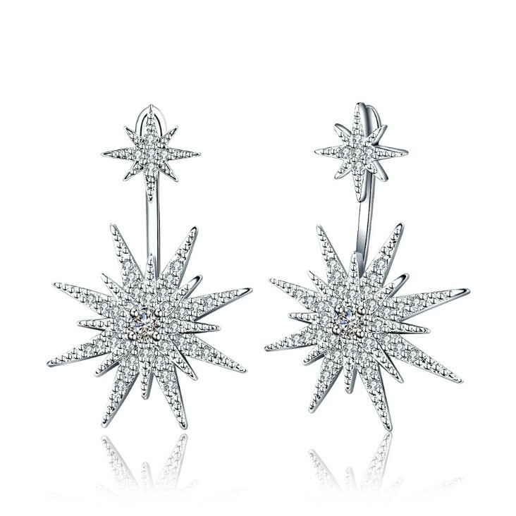 Dazzling Fire Double Stars AAA White Cubic Zirconia Silver Stud Hook Earrings