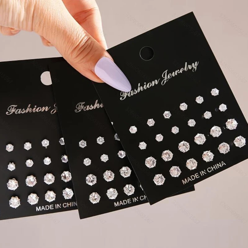 12/24/36 Pairs Shiny Zircon Stud Earrings Set for Women Men Daily Versatile Chic