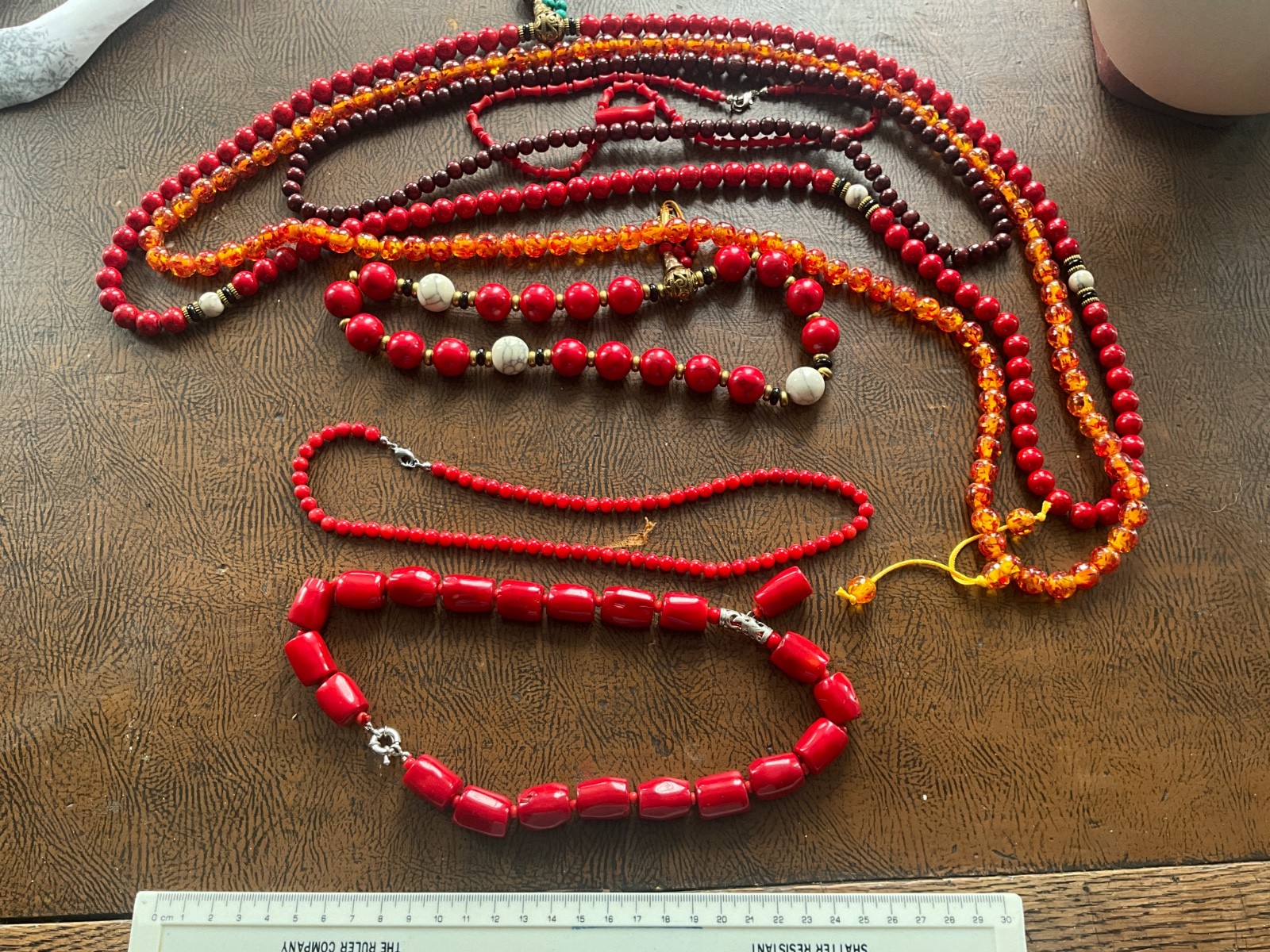 Vintage Bold Red Acrylic Resin Bead Necklace Lot 7 Pcs Chunky Boho Faux Coral