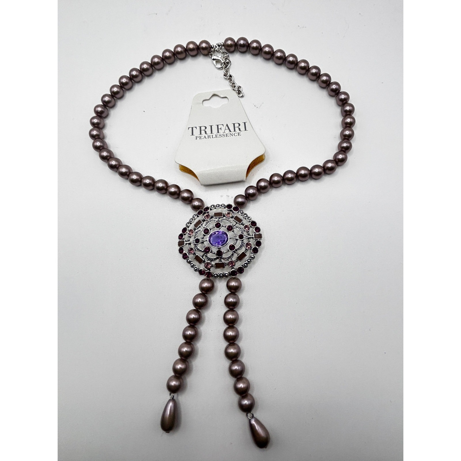 Trifari Necklace Womens 15″ Mauve Faux Pearl Purple Rhinestone Lariat Medallion