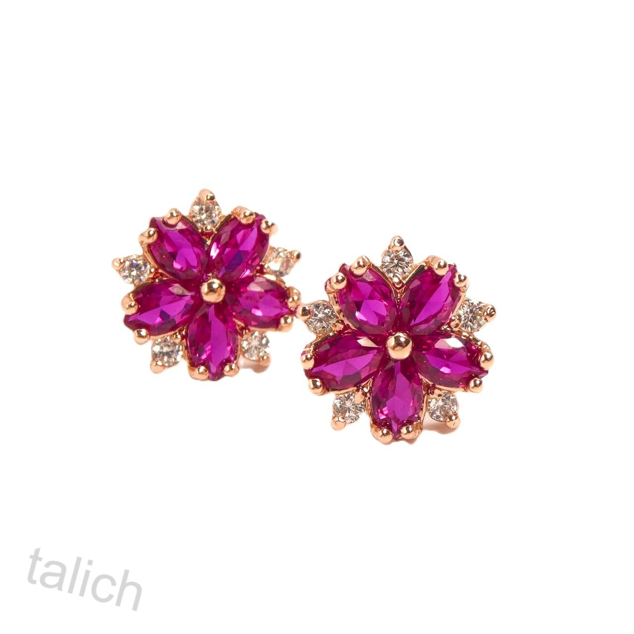 Shiny Rose Gold Plated Sparkling Hot Pink Fuchsia CZ 11mm Flower Stud Earrings