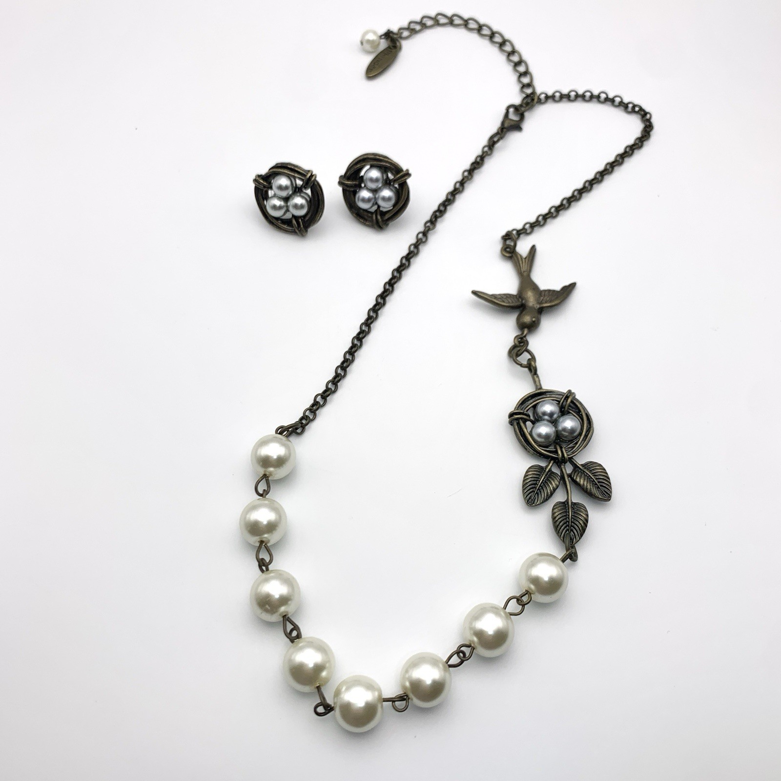 Plunder Bronze Tone 3D Bird Nest Gray Pearl Eggs Necklace And Earrings Set 17”