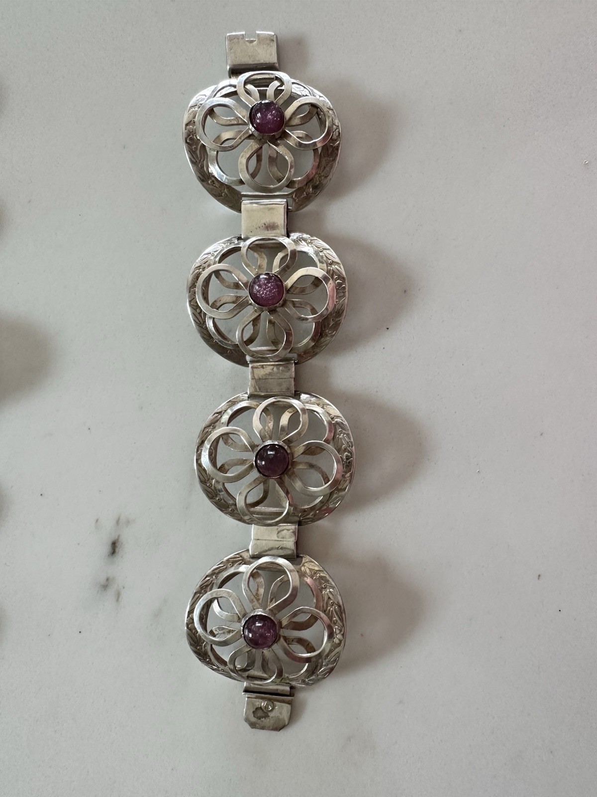 Silver Bracelet Purple Lilac Stones Mexican Silver